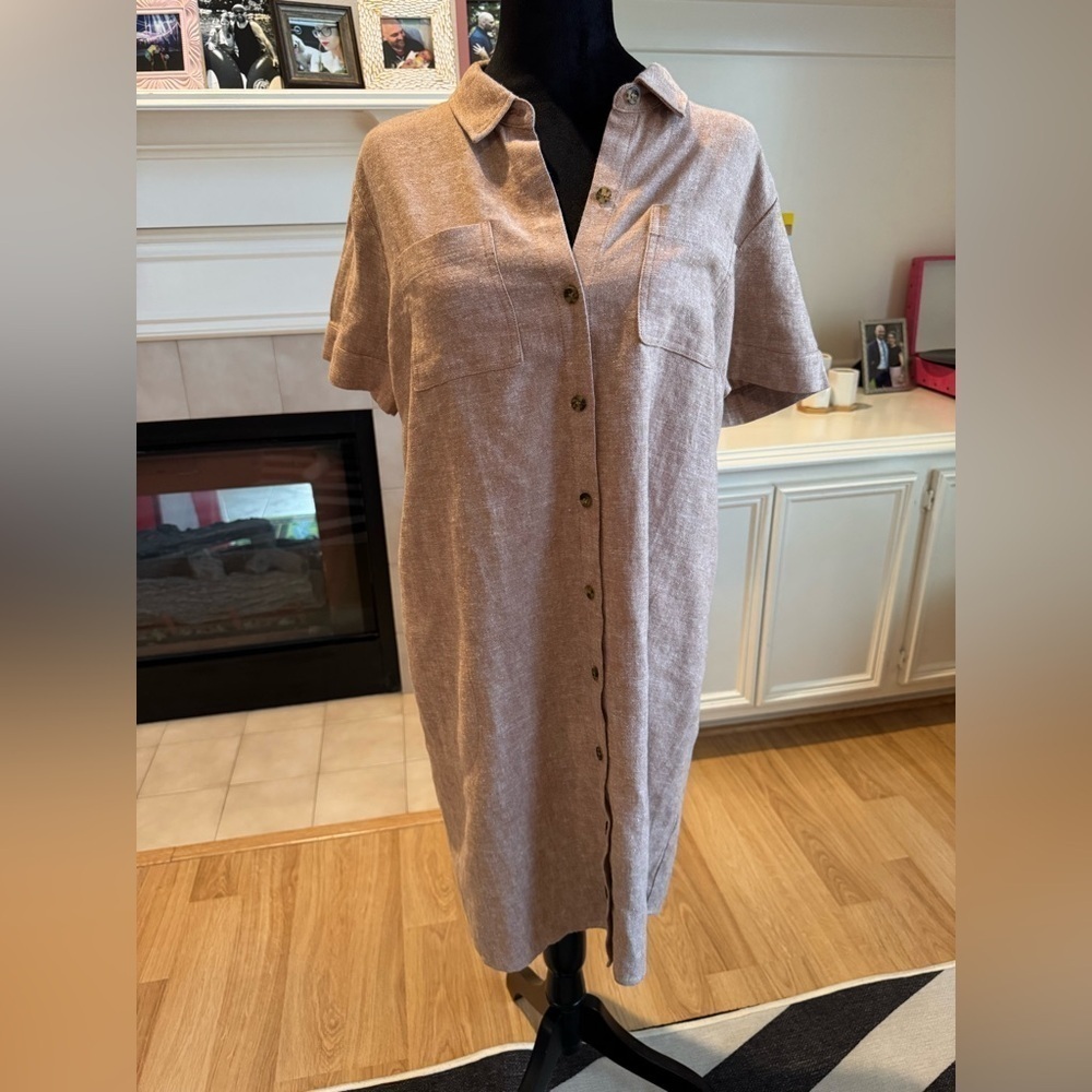 Susan Graver Pure Linen Blend Taupe Dress W/ Pockets Size Medium Petite Euc — image 2 of 8